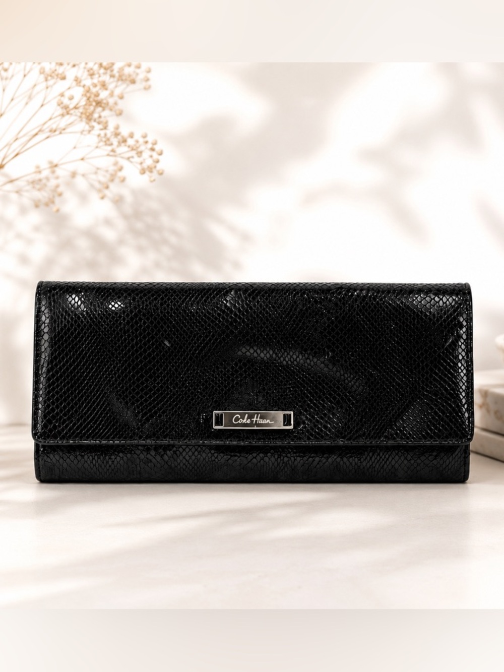 Cole Haan Black Leather wallet Snakeskin Embossed Clutch